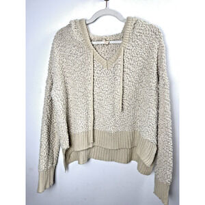 POL Beige Oversized Popcorn Knit Hoodie Beachy Coastal Bohemian Casual S